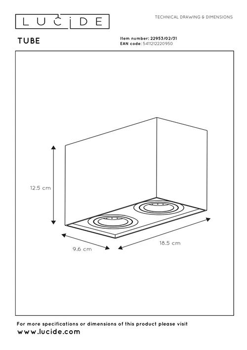 Lucide TUBE - Deckenstrahler - 2xGU10 - Weiß - technisch